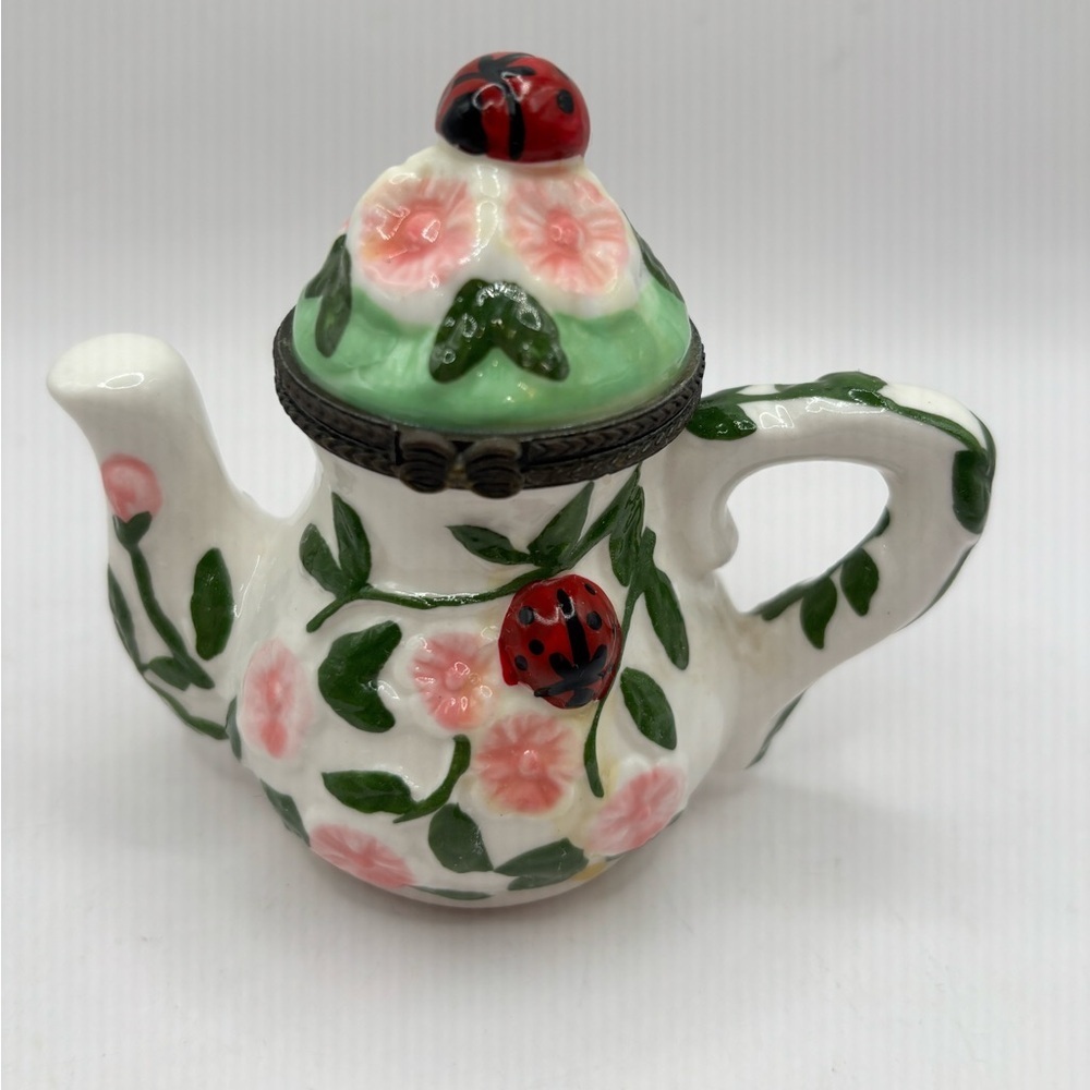 Retro Trinket Box Teapot Ladybug Floral Motif Keepsake 3.5"H x3W Floral Teapot